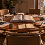 An open document surrounded by notebooks and research tools on a meeting table with empty chairs